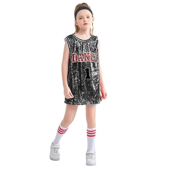 LOLANTA Girls Hip Hop Dance Clothes Kids Jersey Sequin Dress Long Tank Top Jazz Cheerleading T-Shirt