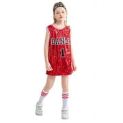 LOLANTA Girls Hip Hop Dance Clothes Kids Jersey Sequin Dress Long Tank Top Jazz Cheerleading T-Shirt