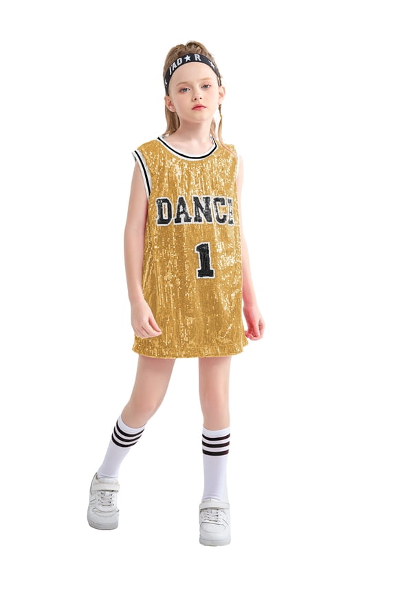 Girls Hip Hop Dance Clothes Kids Jersey Sequin Dress Long Tank Top Jazz Cheerleading T-Shirt