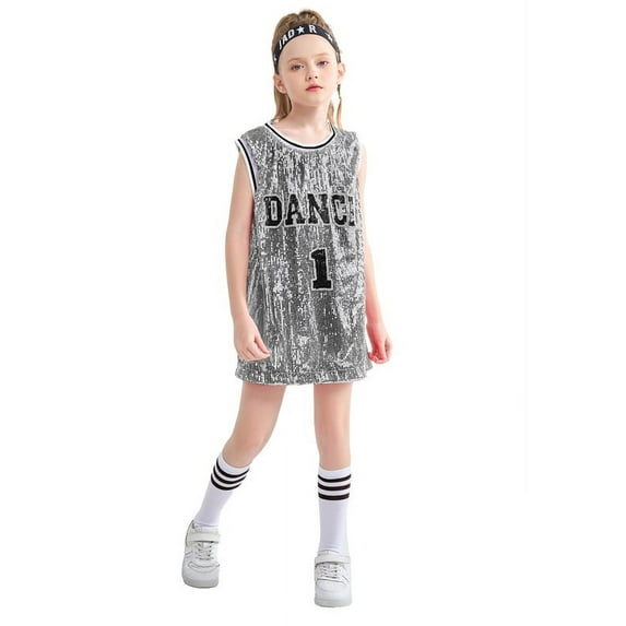 LOLANTA Girls Hip Hop Dance Clothes Kids Jersey Sequin Dress Long Tank Top Jazz Cheerleading T-Shirt