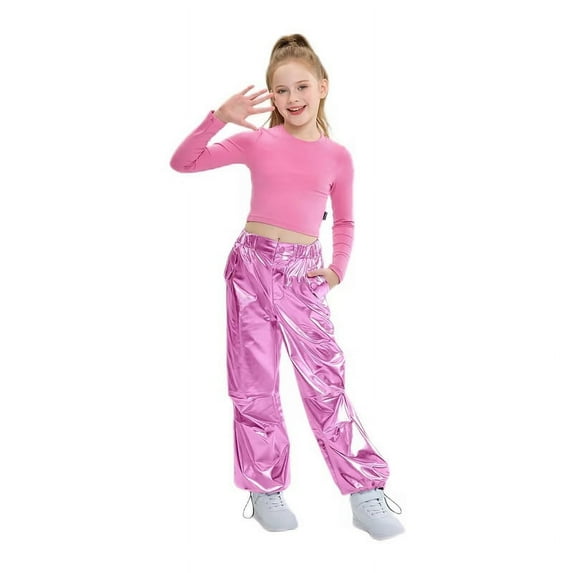 LOLANTA Girls Metallic Jogger Pants Shiny Jazz Street Hip Hop Dance Pants Convertible Leg Opening