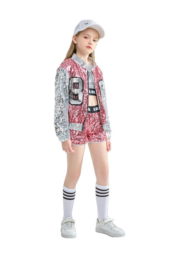 Girls Sequin Dance Suit 4PCs Sparkle Hip Hop Jazz Dance Dresses Modern Dancing Outfits 4-16