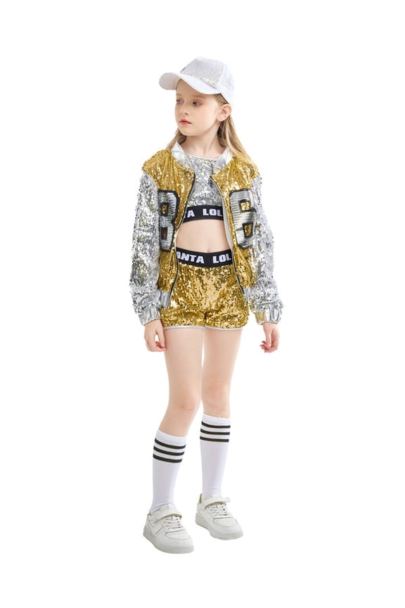 Girls Sequin Dance Suit 4PCs Sparkle Hip Hop Jazz Dance Dresses Modern Dancing Outfits 4-16