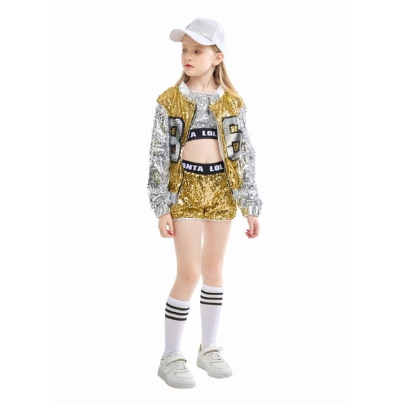 LOLANTA Girls Sequin Dance Suit 4PCs Sparkle Hip Hop Jazz Dance Dresses Modern Dancing Outfits 4-16