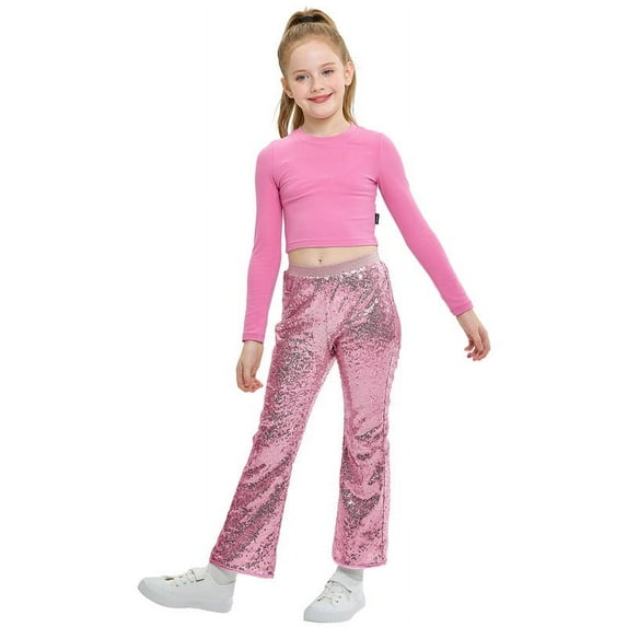 LOLANTA Girls Sequin Flare Pants Sparkle Bell Bottoms Kids Elastic Waist Glitter Disco Dance Trousers