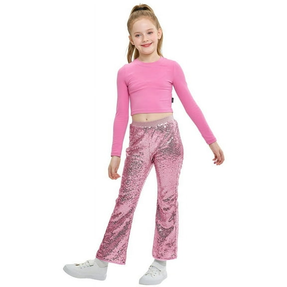 LOLANTA Girls Sequin Flare Pants Sparkle Bell Bottoms Kids Elastic Waist Glitter Disco Dance Trousers