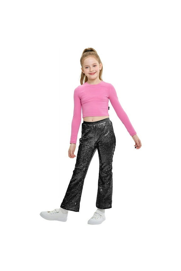 Girls Sequin Flare Pants Sparkle Bell Bottoms Kids Elastic Waist Glitter Disco Dance Trousers