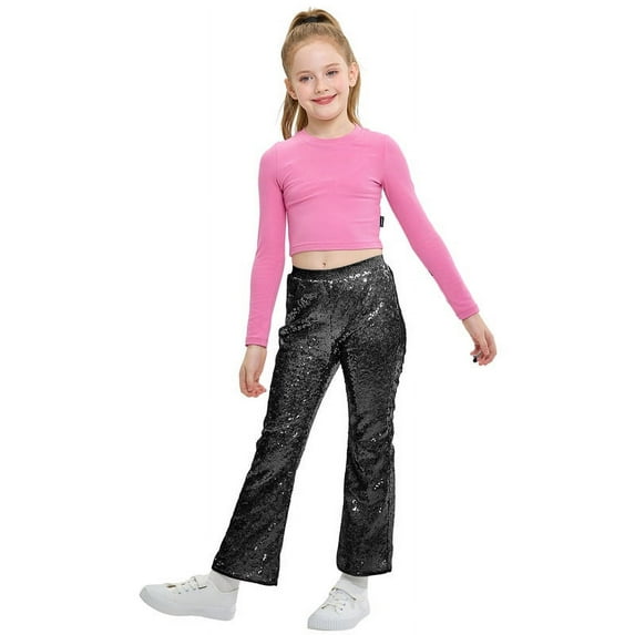 LOLANTA Girls Sequin Flare Pants Sparkle Bell Bottoms Kids Elastic Waist Glitter Disco Dance Trousers