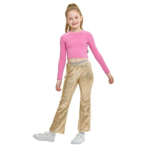 LOLANTA Girls Sequin Flare Pants Sparkle Bell Bottoms Kids Elastic Waist Glitter Disco Dance Trousers