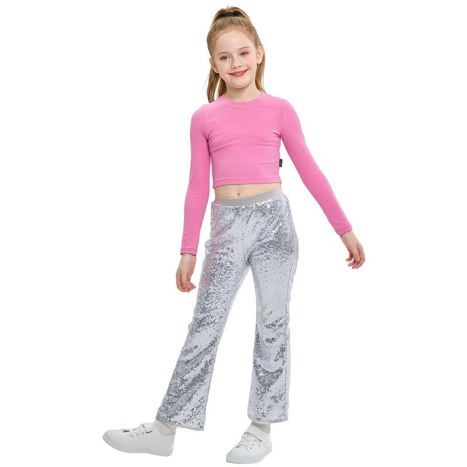 Pantalon Métallique Brillant Enfant Fille - Pantalon Danse Disco Party Ceinture Élastique 110 (104-110 UE)