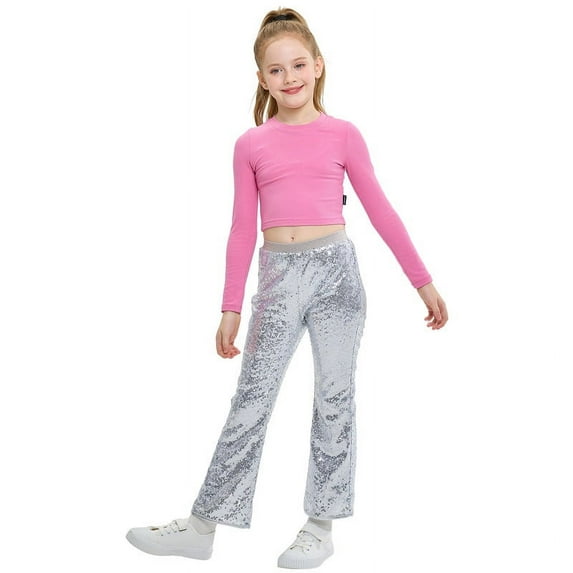 LOLANTA Girls Sequin Flare Pants Sparkle Bell Bottoms Kids Elastic Waist Glitter Disco Dance Trousers