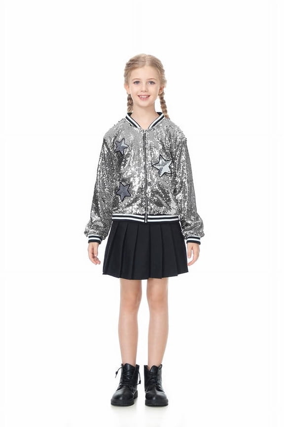 Girls Sequin Jacket Long Sleeve Kids Bomber Coats with Pockets Spring Fall Outfits