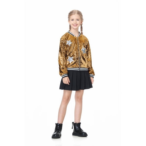 LOLANTA Girls Sequin Jacket Long Sleeve Kids Bomber Coats with Pockets Spring Fall Outfits