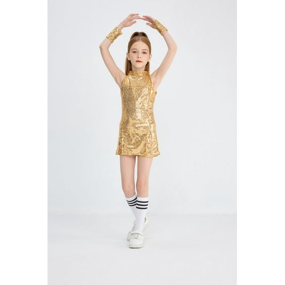 LOLANTA Girls Sequins Dance Clothes Dress Sparkle Hip Hop Jazz Dance Outfit, Sleeveless Top and Shorts