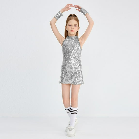 LOLANTA Girls Sequins Dance Clothes Dress Sparkle Hip Hop Jazz Dance Outfit, Sleeveless Top and Shorts