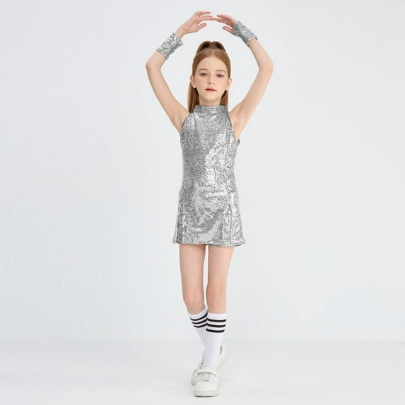 LOLANTA Girls Sequins Dance Clothes Dress Sparkle Hip Hop Jazz Dance Outfit, Sleeveless Top and Shorts