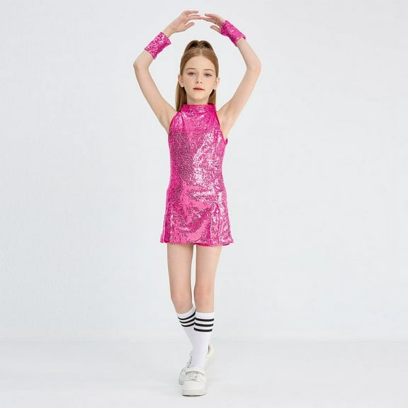 LOLANTA Girls Sequins Dance Clothes Dress Sparkle Hip Hop Jazz Dance Outfit, Sleeveless Top and Shorts