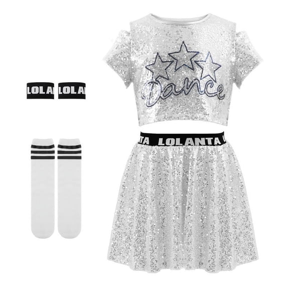 LOLANTA Girls Sequins Dance Outfits Sparkly Jazz Latin Hip Hop Clothes Crop Top with Skirt 5-12 Years