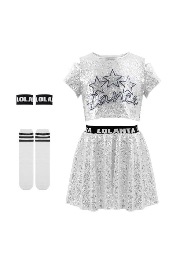 Girls Sequins Dance Outfits Sparkly Jazz Latin Hip Hop Clothes Crop Top with Skirt 5-12 Years