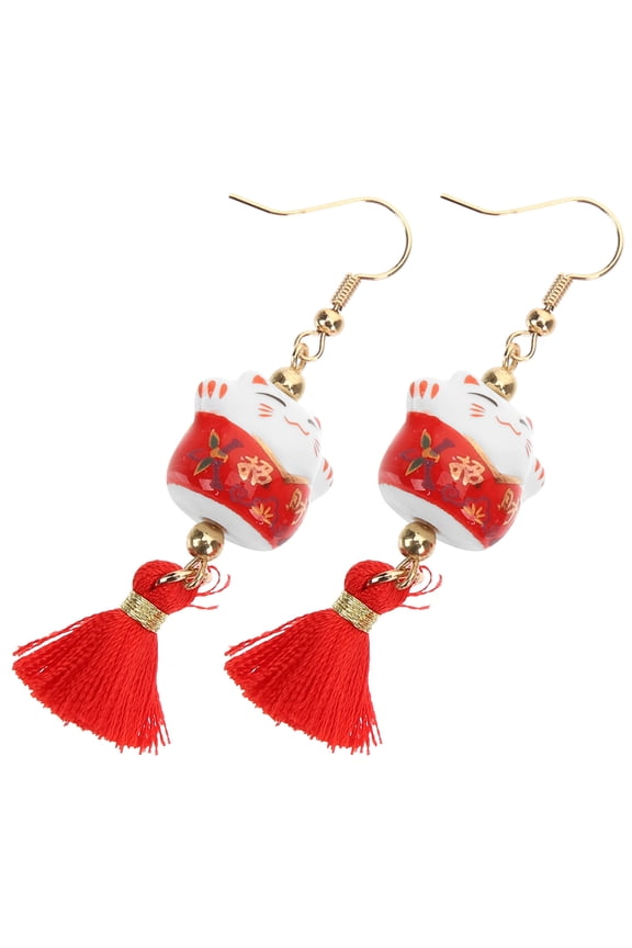 Red Cat Drop Earrings for Women, Alloy and Ceramic Cord Jewelry, Perfect Accessories for Shopping, Dating, Daily Wear