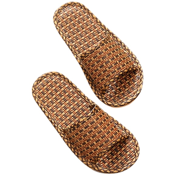 LOLIPPYY 1 Pair Slippers for Women and Men in Light Brown Woven Rattan Straw and PVC Breathable and Nonslip