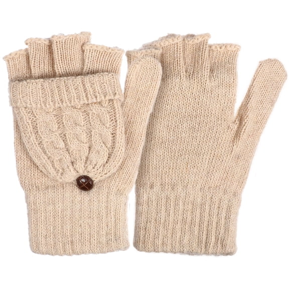 LOLIPPYY Women’s Wool Gloves 1 Pair with Convertible Fold-Back Mitten Flap Hand Warmers Winter Gloves in Beige