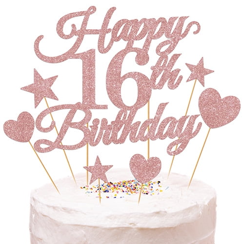 LOLIPPYY 1 Set Birthday Cake Topper: Happy 16th Birthday Cake Toppers With Heart Star Picks - Glitter Picks For Celebrating Anniversary Theme Party