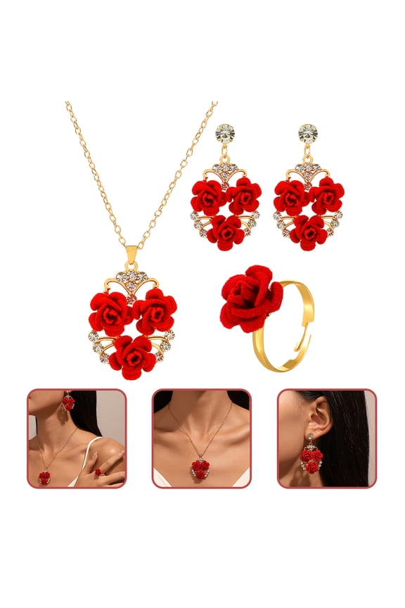 Rose Jewelry Set for Women, 1 Set Red Alloy Flower Fashion Accessories, Stylish Everyday Wear