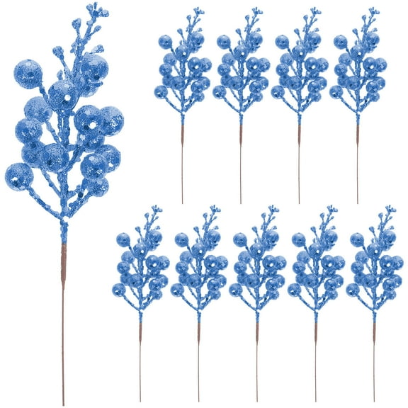LOLIPPYY 10Pcs Artificial Glitter Berry Stem Blue for Christmas Tree and Holiday Decorations