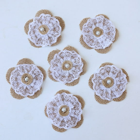 LOLIPPYY 10Pcs Burlap Roses Handmade with Lace and Beads for Rustic Wedding and Craft Decoration