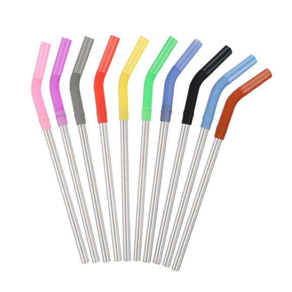 LOLIPPYY 10Pcs Curved Stainless Steel Drinking Straws Set with Silicone Suction Nozzle Reusable Assorted Colors