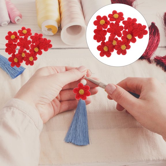 LOLIPPYY 10Pcs Flower Embroidered Patches Red Yarn For Sewing Accessory Decoration Craft Projects