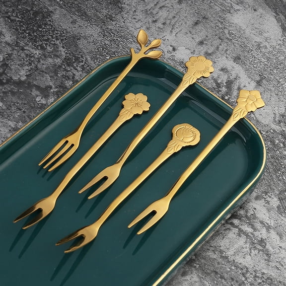 LOLIPPYY 10Pcs Golden Stainless Steel Fruit Forks Two Tine Forks for Home Dessert and Appetizers