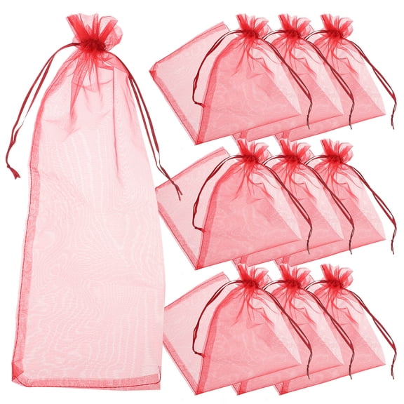 LOLIPPYY 10Pcs Wine Bottle Wraps Dark Red Sheer Organza Fabric with Satin Drawstring for Decorative Use