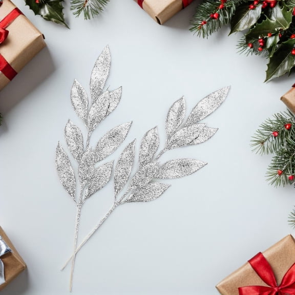 LOLIPPYY 12Pcs Silver Glittery Artificial Branch Picks for Christmas Tree Flower Arrangements and Fall Home Decor