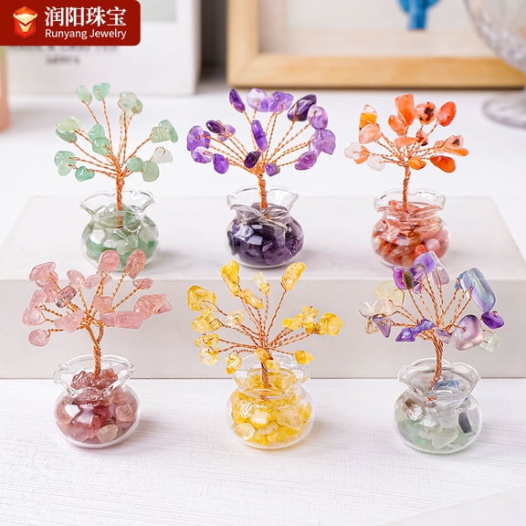 LOLIPPYY 12pcs Mini Money Tree Set: Small Crystal Money Bonsai Ornaments - Chinese Lucky Wealth Tree Decorations for Home and Office