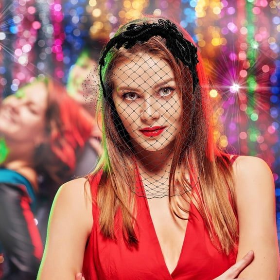 LOLIPPYY 1920s Style Headband Black Bridal Mesh Veil Hair Hoop 1Pack Wedding Accessory for Special Occasions