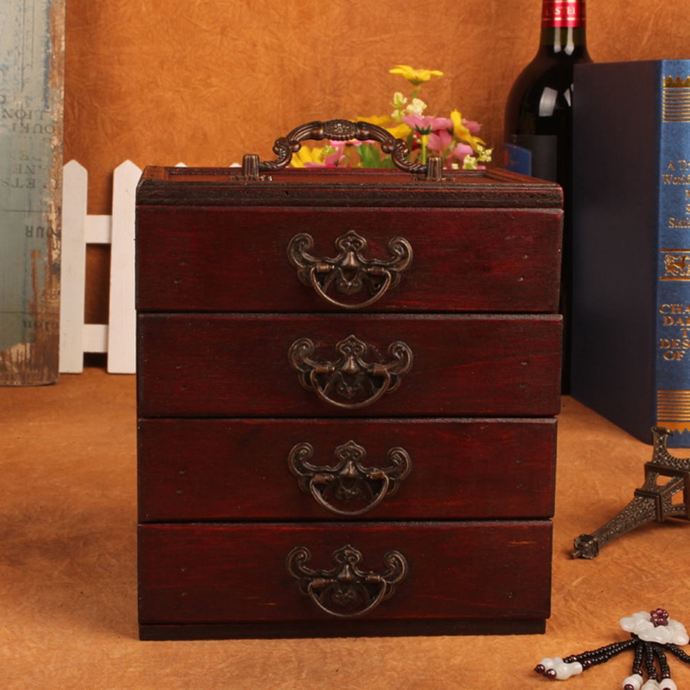 LOLIPPYY Chinese Style Wooden Jewelry Box with 4 Drawers, Elegant Cosmetic Storage Case, Decorative Photo Prop for Home and Party