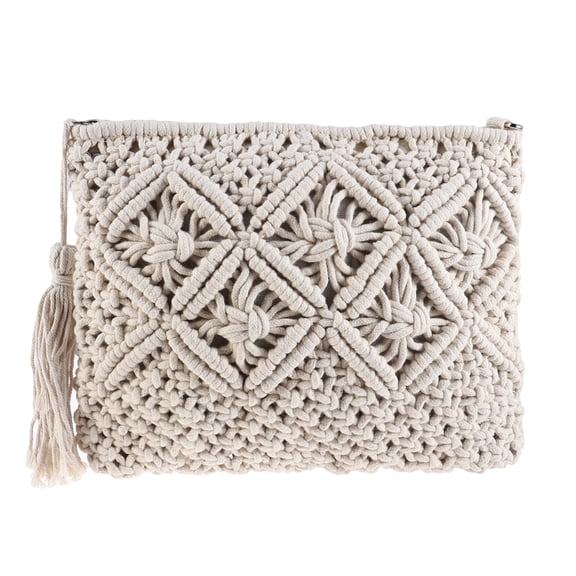 LOLIPPYY 1PC Cotton Woven Handbag Hollow Clutch Bag with Tassel for Beach Women White