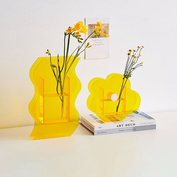 LOLIPPYY 1Pack Modern Minimalist Vase Acrylic Yellow Wavy Flower Container for Living Room