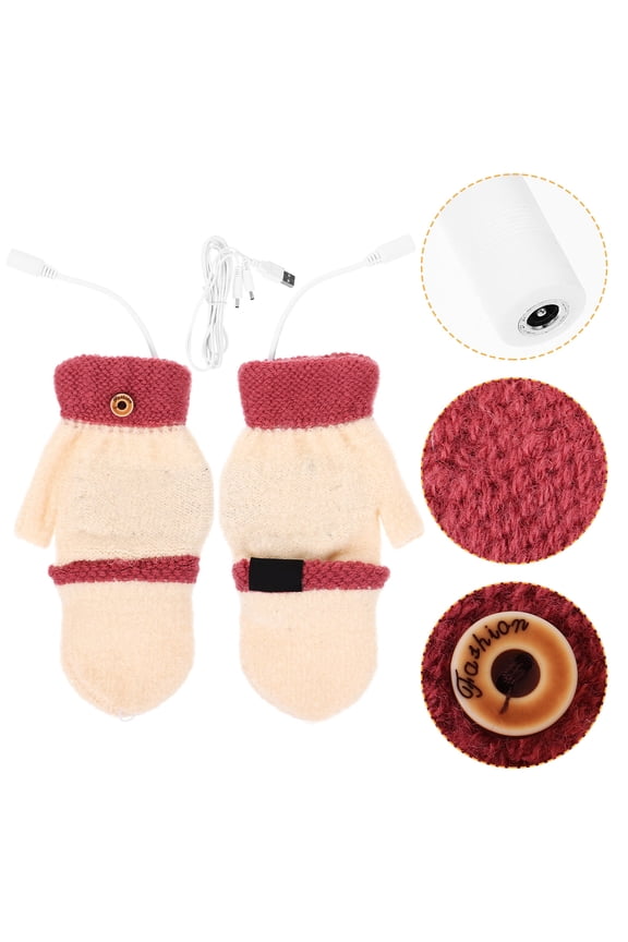 1 Pair Beige USB Heated Half-Finger Gloves, Wool Knit Winter Hand Warmers for Cold Weather