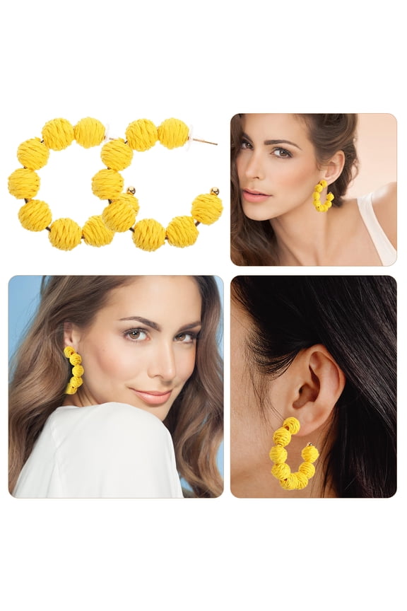 1Pair Bohemian Style Raffia Earrings Yellow Handcrafted Lightweight Summer Accessories