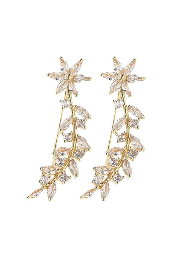 1Pair Golden Leaf Ear Crawler Earrings Rhinestone Flower Climber for Elegant Daily Wear