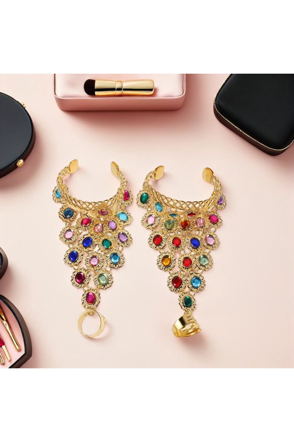 1 Pair Multi-Color Belly Dance Jewelry Hand Chain Bracelet with , Metal and Rhinestone Accents