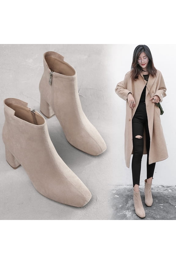 1Pair Stylish Beige Ankle Boots with Thick Heel PU Rubber Material Comfortable Wear