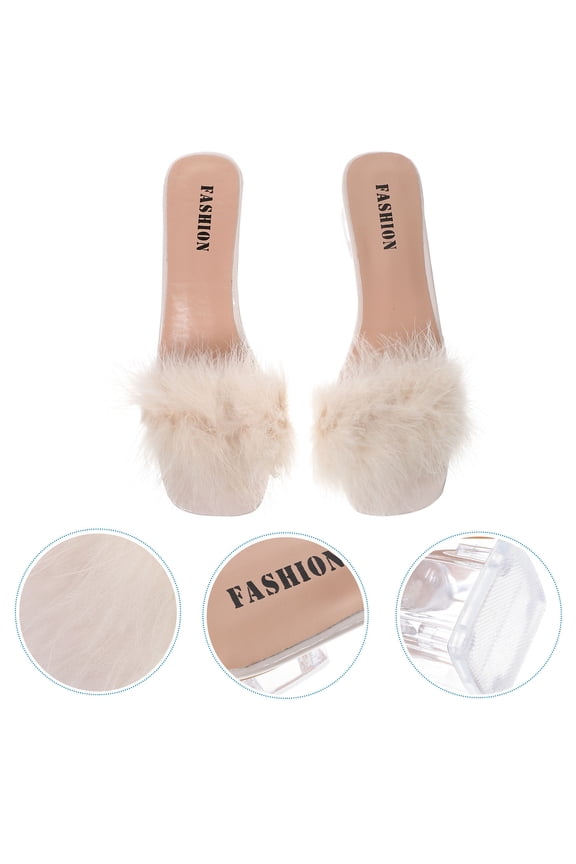 1 Pair Wool Studded Open Toe Sandals with Chunky Heel, PU Rubber Sole Beige Slippers for Outdoor Wear