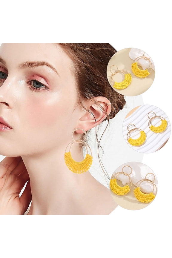 1Pair Yellow Bohemian Earrings Lightweight Raffia Wrapped Hoop Summer Accessories