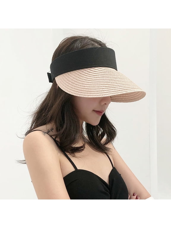 Folding Beige Straw Visor Hat with Adjustable Cord for Summer Shade