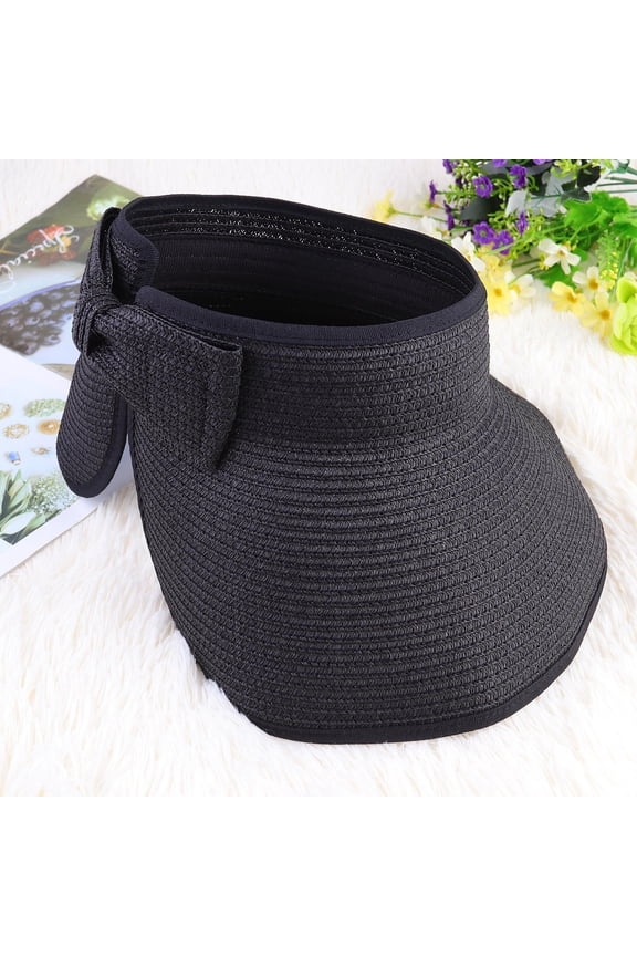 1Pc Breathable Black Foldable Sun Straw Hat Wide Brim Floppy Design for Glare Blocking