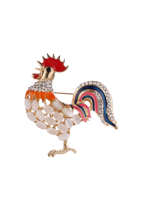 1Pc Decorative Rooster Breastpin Alloy Multicolor Cat Eye Stone Pin for Apparel